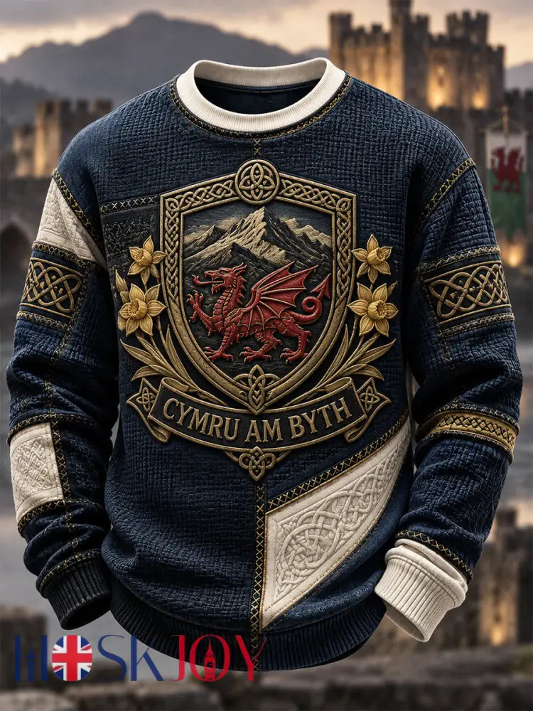Men’s Welsh Dragon Printed Waffle Long Sleeve T-Shirt - Deep Blue / S