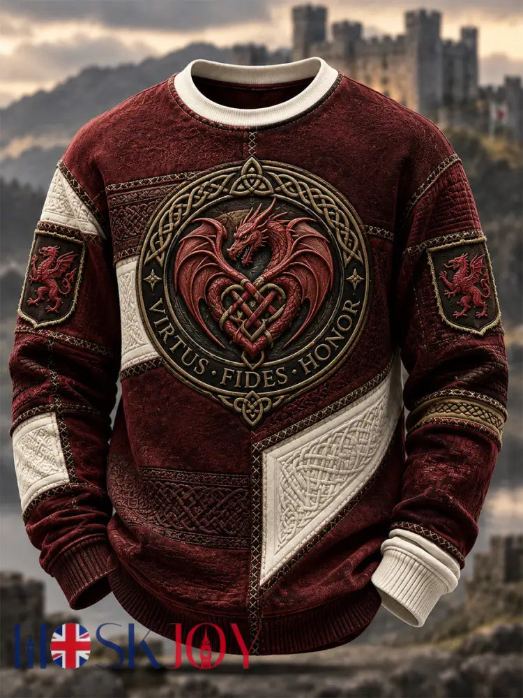 Men’s Welsh Dragon Printed Waffle Long Sleeve T-Shirt - Wine Red / S