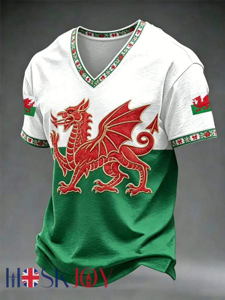 Men’s Welsh Dragon V-neck T-shirt - As picture / S