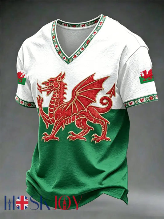 Men’s Welsh Dragon V-neck T-shirt - As picture / S