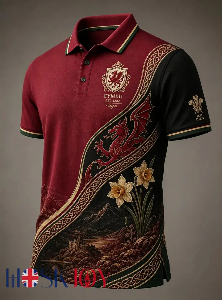 Men’s Welsh Red Dragon Cultural Art Print Polo - A / S