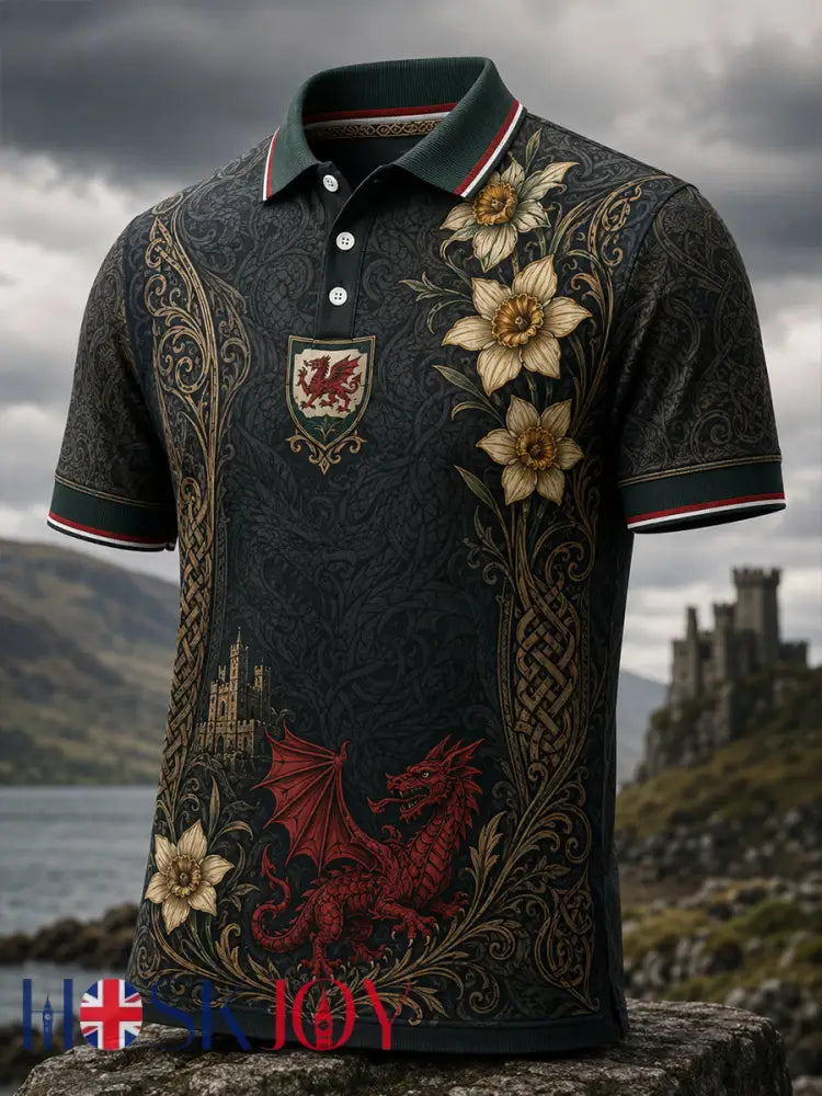 Men’s Welsh Red Dragon Cultural Elements Art Print Casual Polo - A / S
