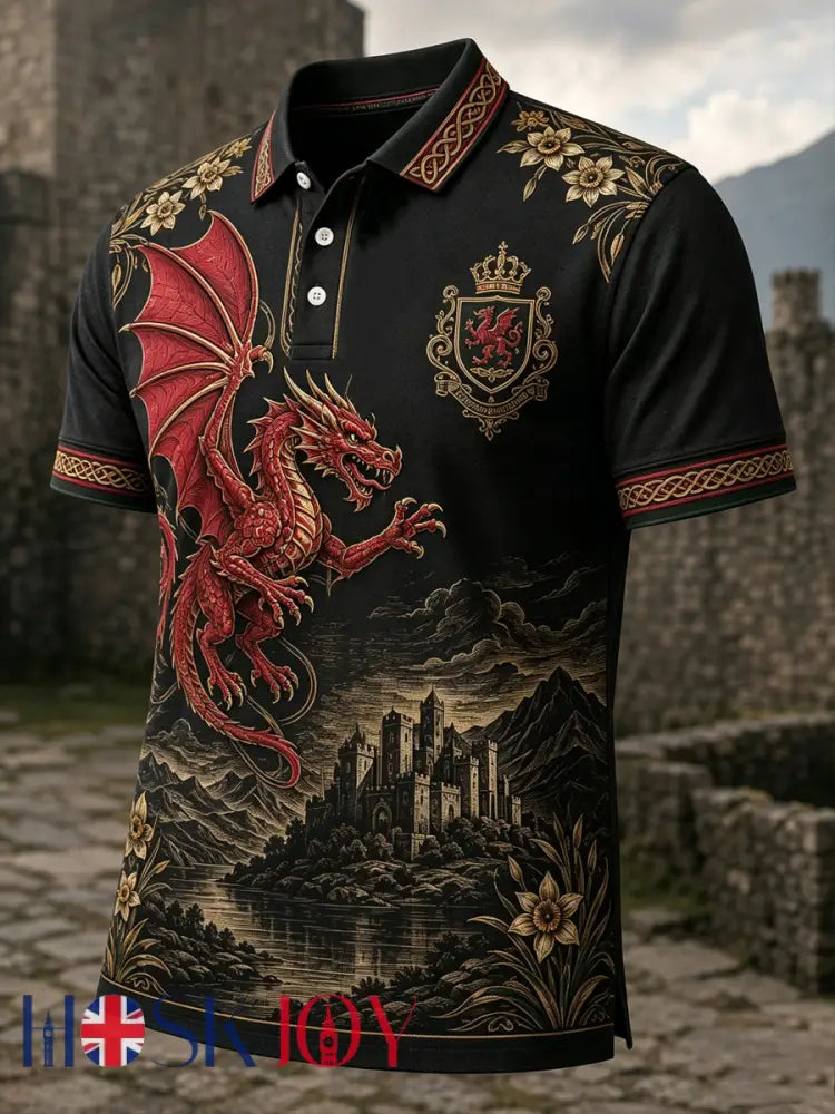 Men’s Welsh Red Dragon Cultural Elements Art Print Casual Polo - A / S