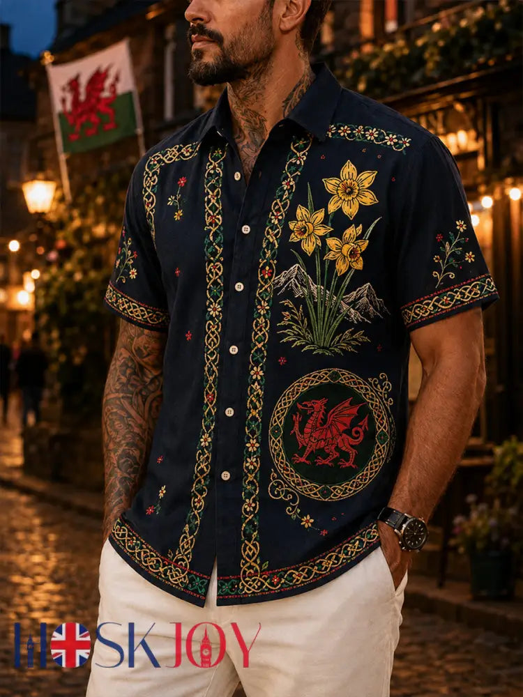 Men’s Welsh Red Dragon Cultural Elements Art Print Casual Shirt - A / S