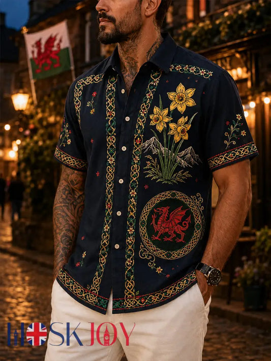 Men’s Welsh Red Dragon Cultural Elements Art Print Casual Shirt - A / S