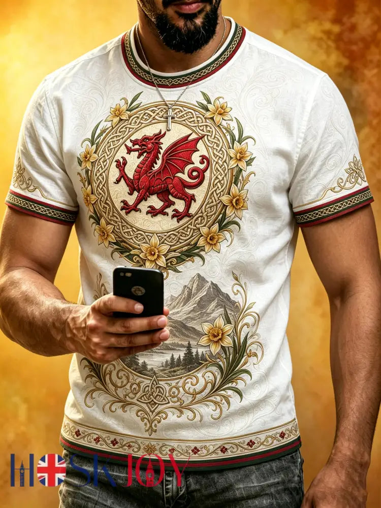Men’s Welsh Red Dragon Cultural Elements Art Print Casual T-Shirt - A / S