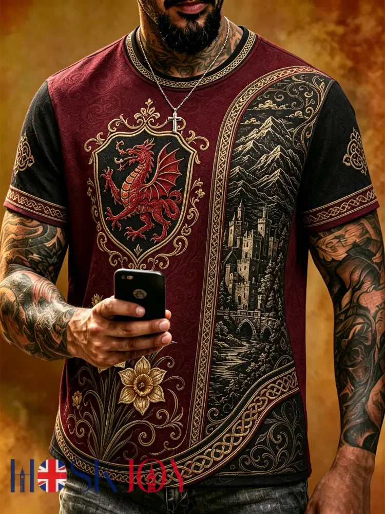Men’s Welsh Red Dragon Cultural Elements Art Print Casual T-Shirt - A / S