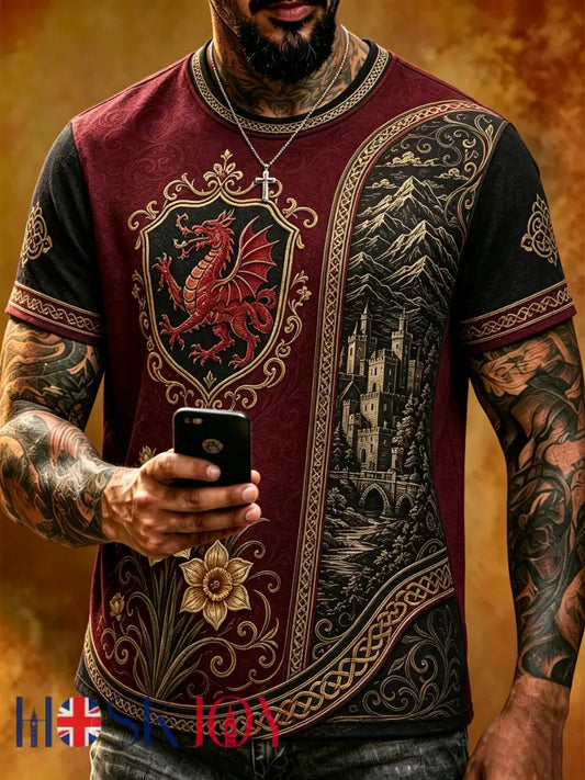 Men’s Welsh Red Dragon Cultural Elements Art Print Casual T-Shirt - A / S