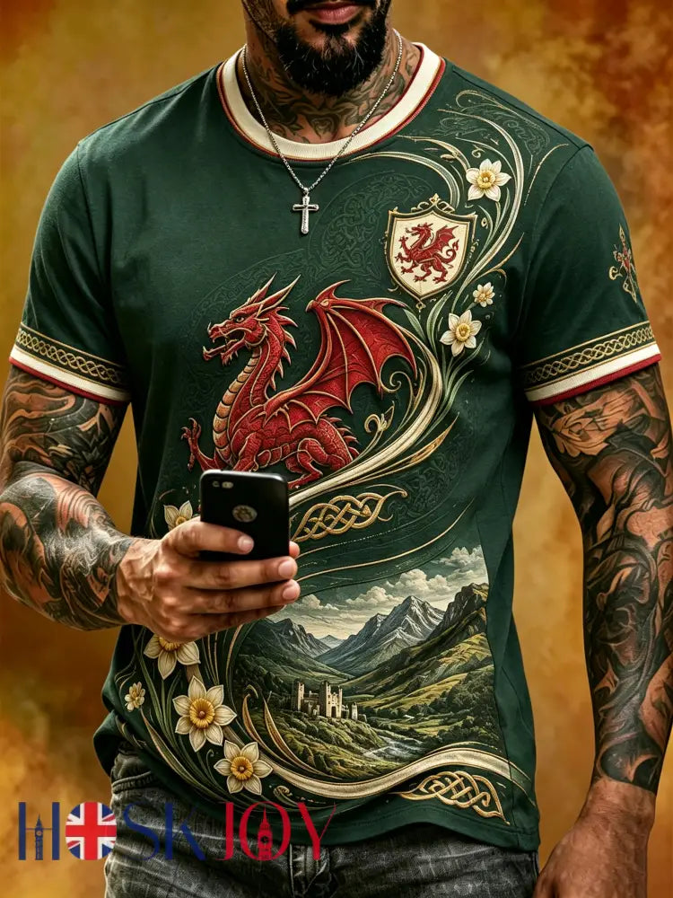 Men’s Welsh Red Dragon Cultural Elements Art Print Casual T-Shirt - A / S