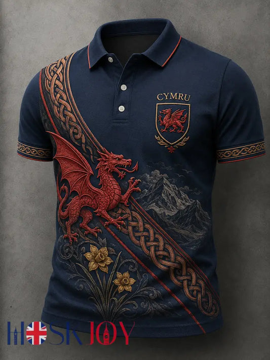 Men’s Welsh Red Dragon Cultural Elements Art Print Polo - A / S