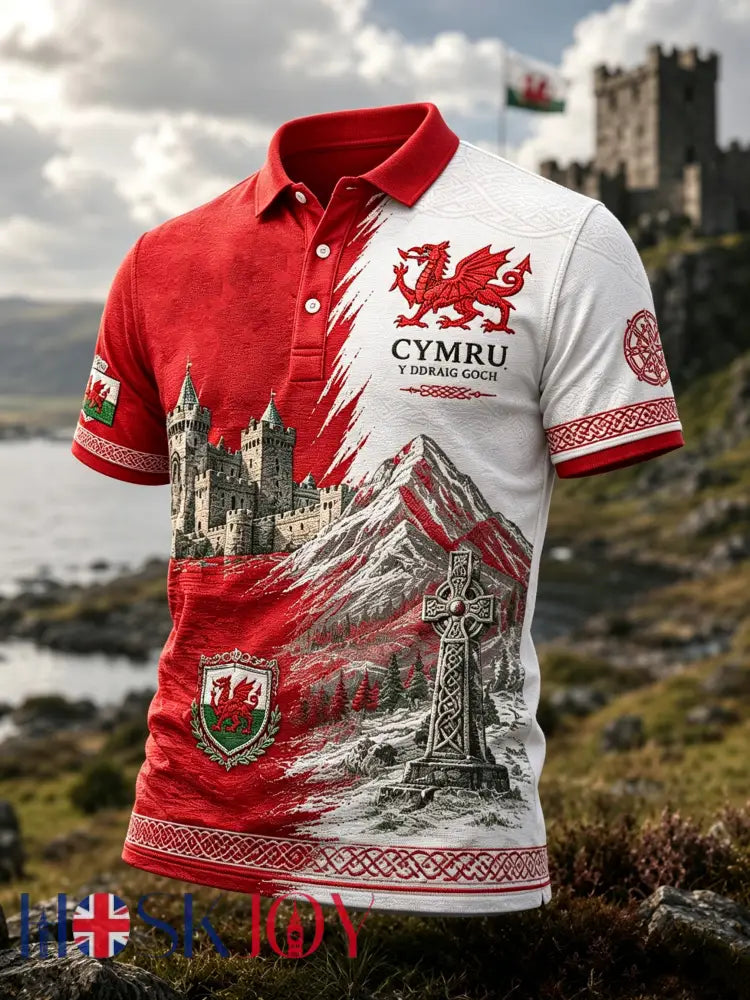 Men’s Welsh Red Dragon Cultural Elements Art Print Polo - A / S