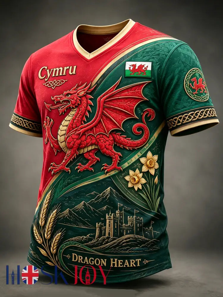 Men’s Welsh Red Dragon Cultural Elements Art Print T-Shirt - A / S