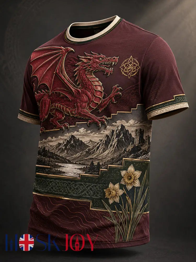 Men’s Welsh Red Dragon Cultural Elements Art Print T-Shirt - A / S