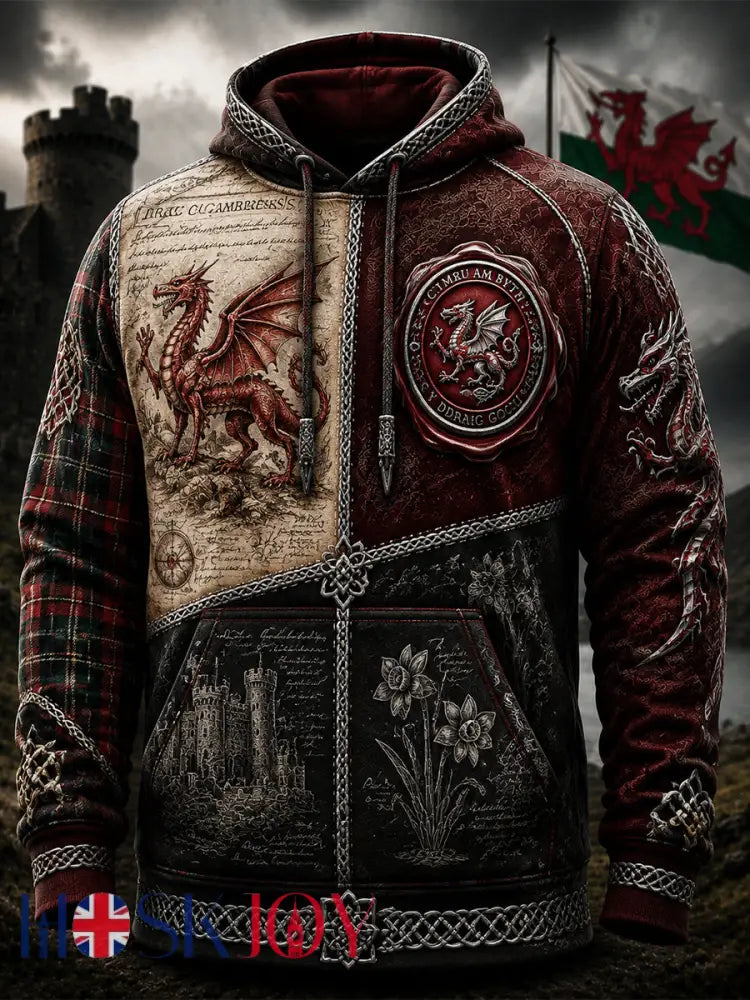 Men’s Welsh Red Dragon Printed Long-Sleeved Hooded Sweatshirt - Wine Red / S