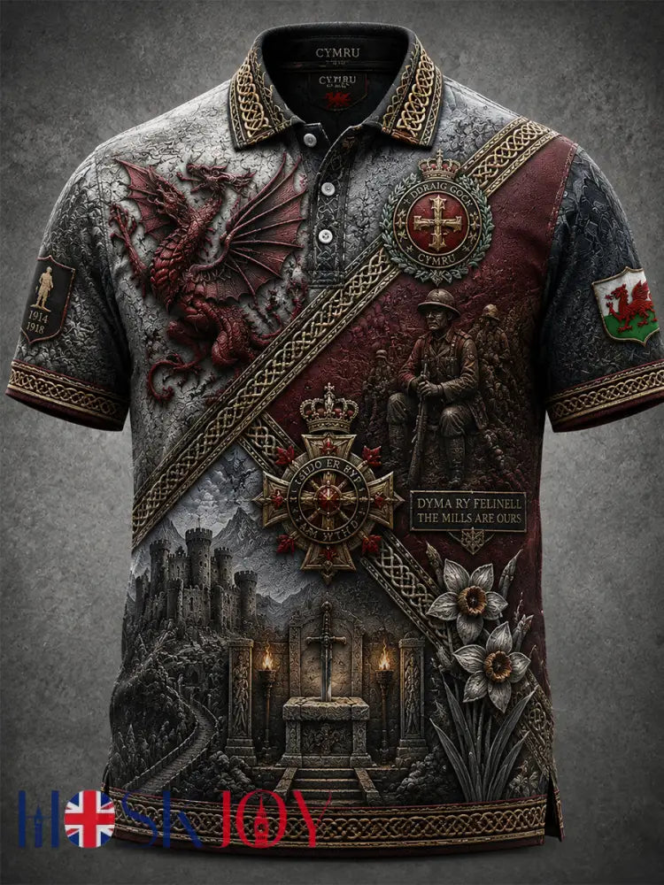 Men’s Welsh Red Dragon Printed Polo Shirt - Gray / S