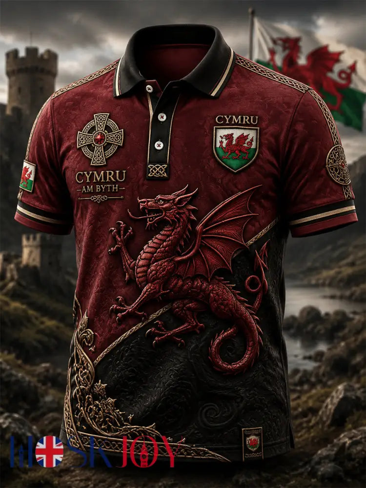 Men’s Welsh Red Dragon Printed Polo Shirt - Red / S