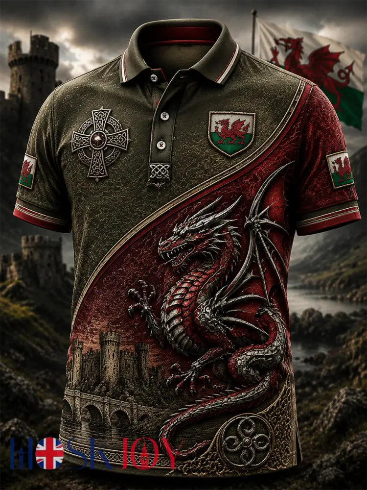 Men’s Welsh Red Dragon Printed Polo Shirt - Red / S