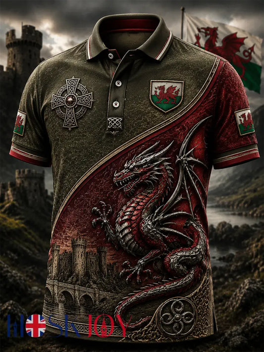 Men’s Welsh Red Dragon Printed Polo Shirt - Red / S