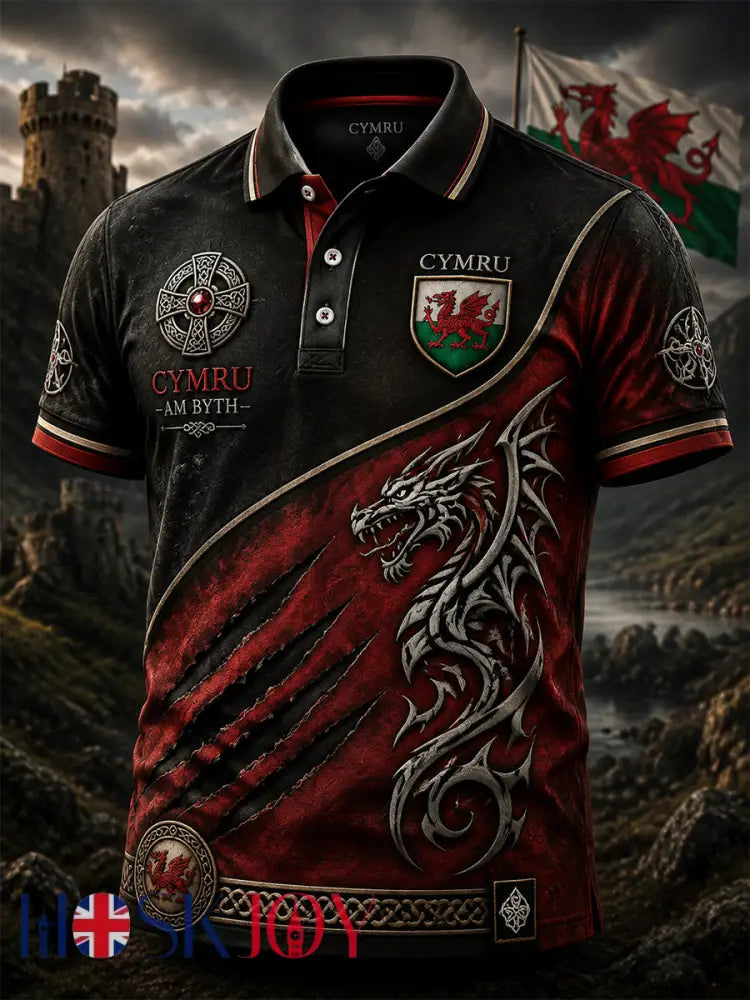 Men’s Welsh Red Dragon Printed Polo Shirt - Red / S