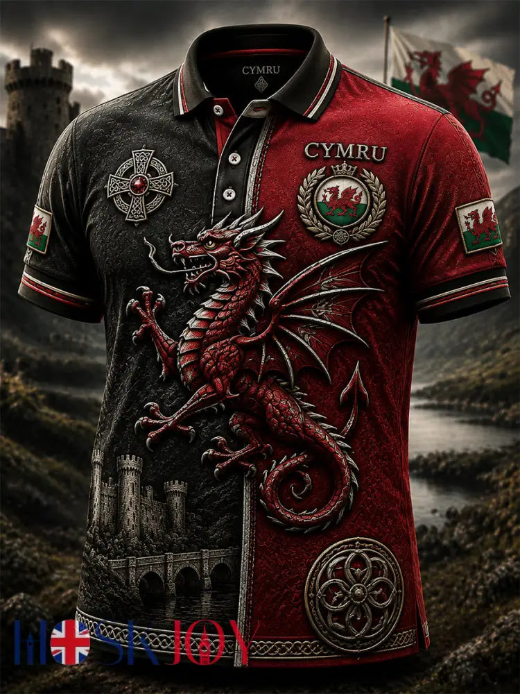 Men’s Welsh Red Dragon Printed Polo Shirt - Red / S