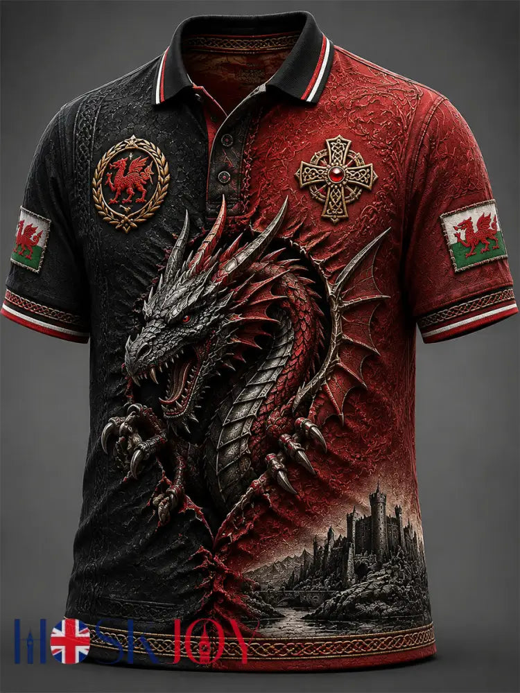Men’s Welsh Red Dragon Printed Short-Sleeve Polo Shirt - Red / S