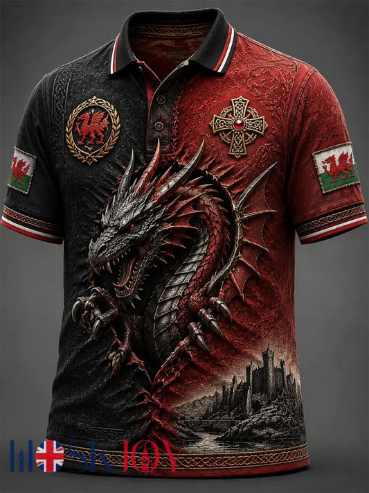 Men’s Welsh Red Dragon Printed Short-Sleeve Polo Shirt - Red / S