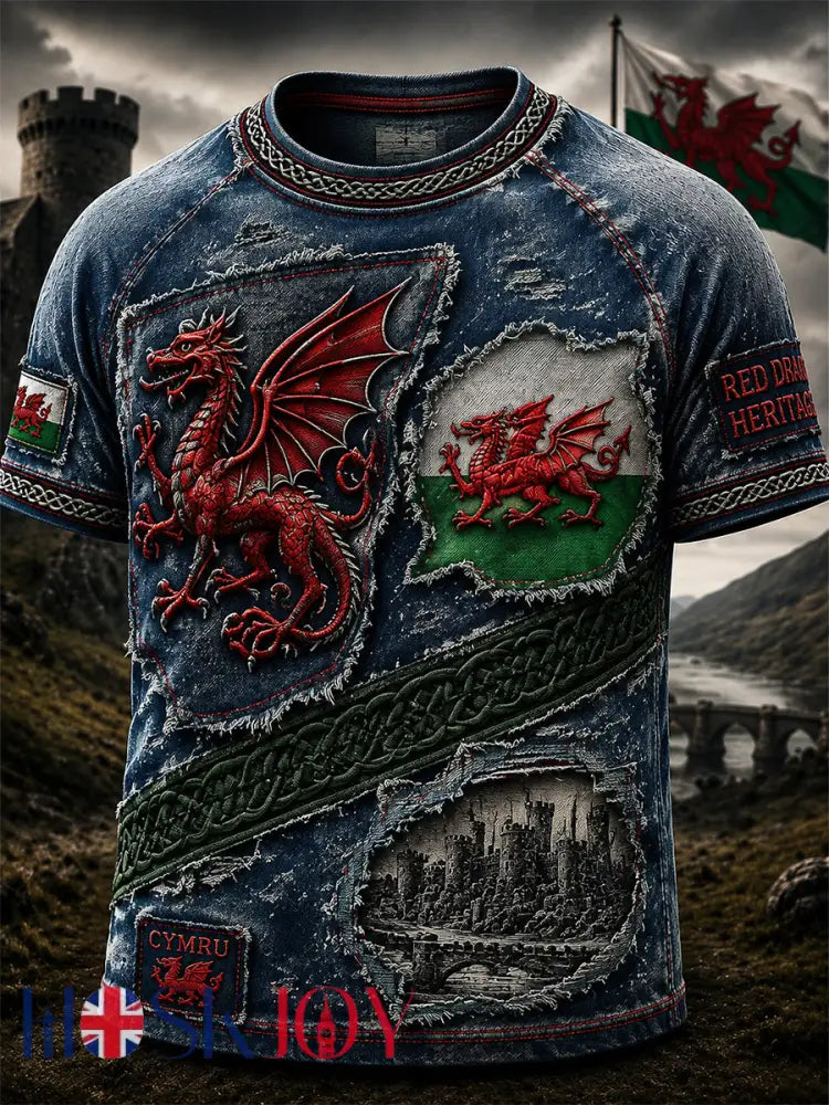 Men’s Welsh Red Dragon Printed Short-Sleeve T-Shirt - Blue / S