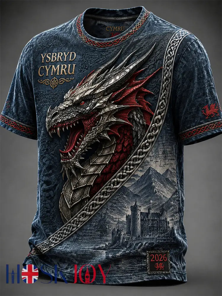 Men’s Welsh Red Dragon Printed Short-Sleeve T-Shirt - Blue / S