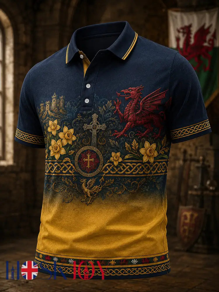 Men’s Welsh-Themed Commemorative Art Print Casual Polo - A / S