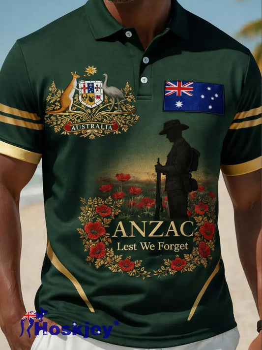 Retro Anzac Commemorative Print Casual Polo Shirt A / S