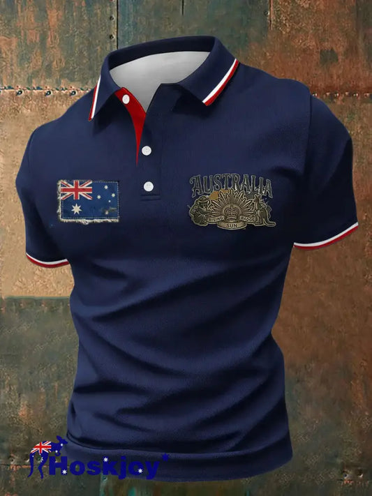 Retro Anzac Commemorative Print Casual Polo Shirt Navy Blue / S