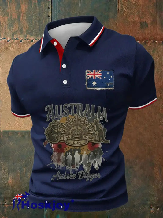 Retro Anzac Commemorative Print Casual Polo Shirt Navy Blue / S