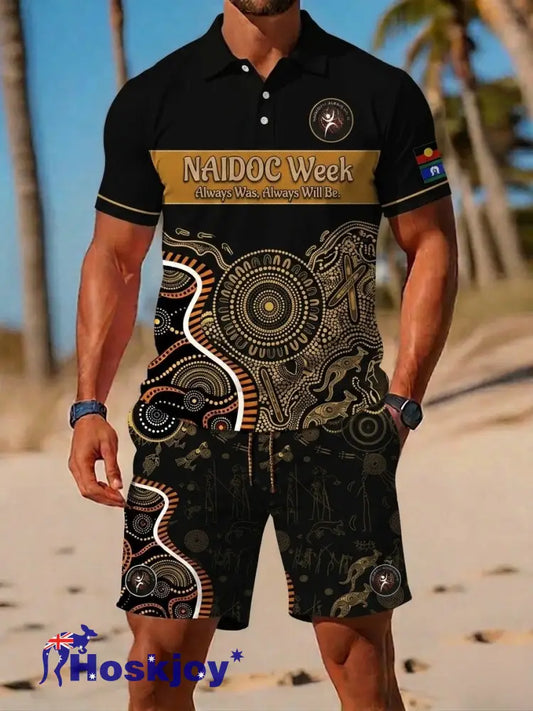 Retro AU Aboriginal Culture Printed Casual Polo & Shorts Set - Black / S