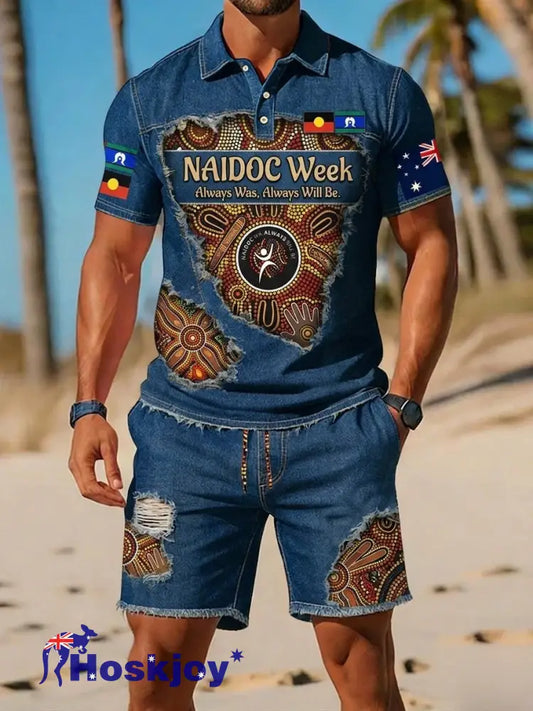Retro AU Aboriginal Culture Printed Casual Polo & Shorts Set - Blue / S