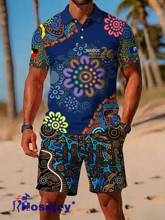 Retro AU Aboriginal Culture Printed Casual Polo & Shorts Set - Blue / S