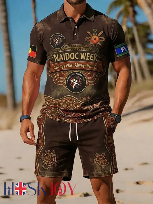 Retro AU Aboriginal Culture Printed Casual Polo & Shorts Set - Brown / S
