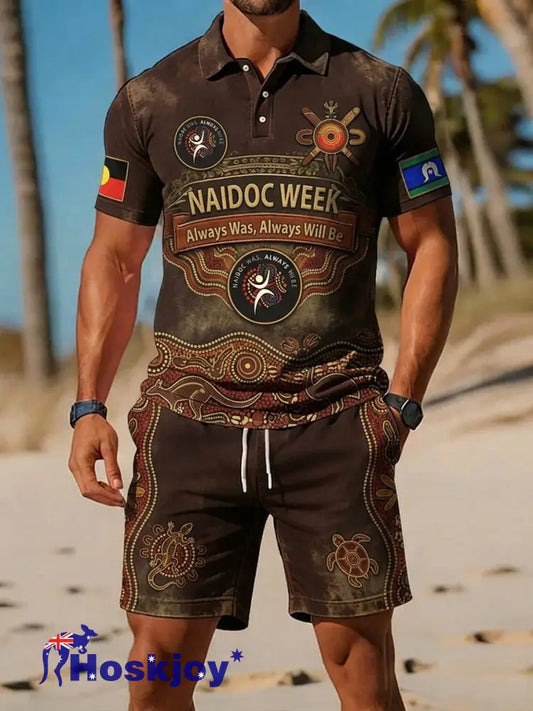 Retro AU Aboriginal Culture Printed Casual Polo & Shorts Set - Brown / S