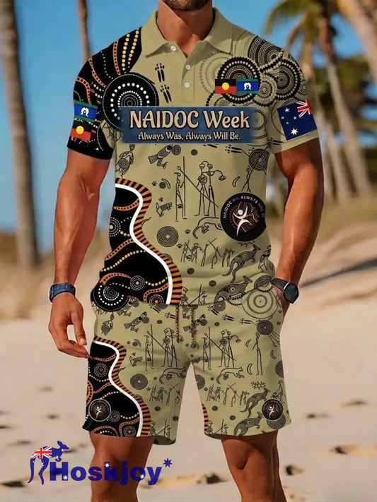 Retro AU Aboriginal Culture Printed Casual Polo & Shorts Set - Khaki / S