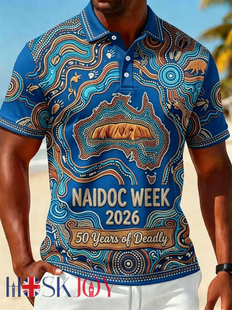 Retro Australian NAIDOC Week Art Print Casual Polo Shirt - Blue / S
