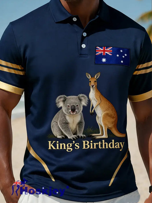 Retro Australian-Style Art ’King’s Birthday’ Print Casual Polo Shirt A / S