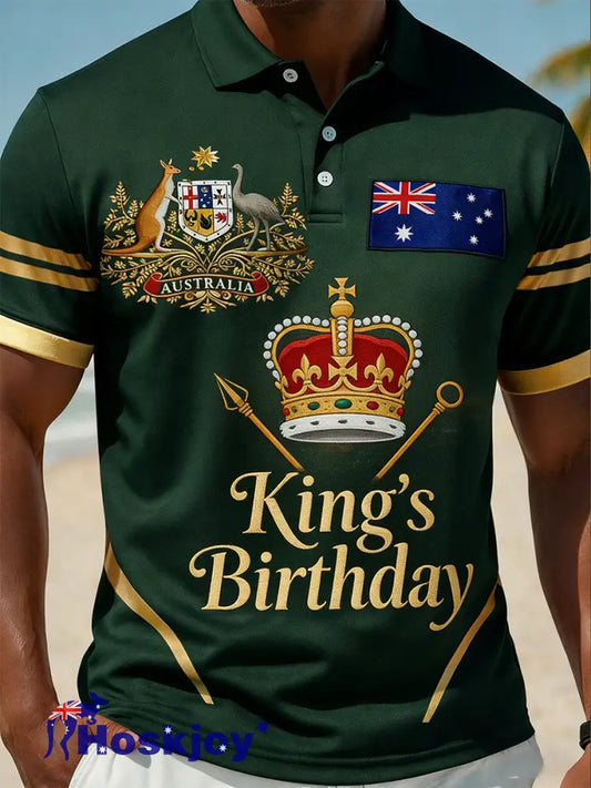 Retro Australian-Style Art ’King’s Birthday’ Print Casual Polo Shirt A / S