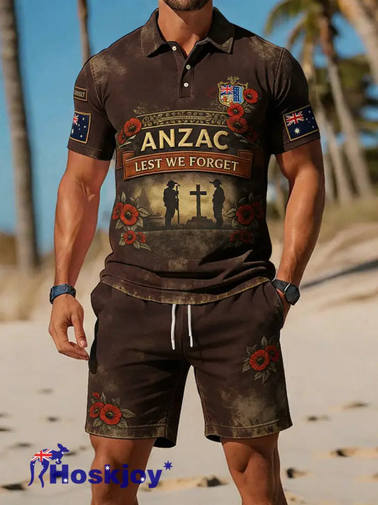 Retro Australian-Style Art Print Casual Polo & Shorts Set A / S