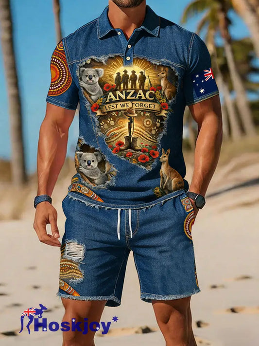 Retro Australian-Style Art Print Casual Polo & Shorts Set A / S