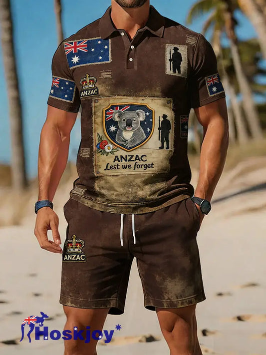 Retro Australian-Style Art Print Casual Polo & Shorts Set A / S