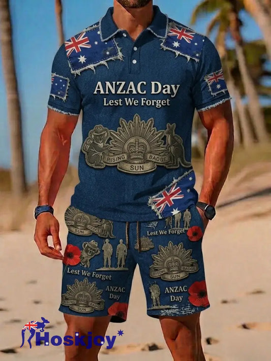 Retro Australian-Style Art Print Casual Polo & Shorts Set - Blue / S