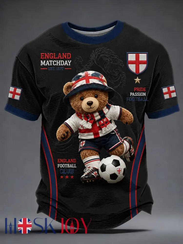 Retro British Bear Soccer Fan Art Print Casual T-Shirt - A / S