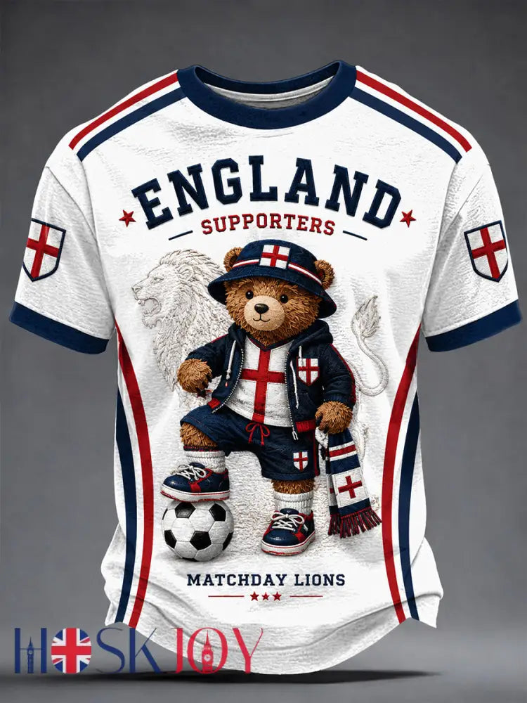 Retro British Bear Soccer Fan Art Print Casual T-Shirt - A / S