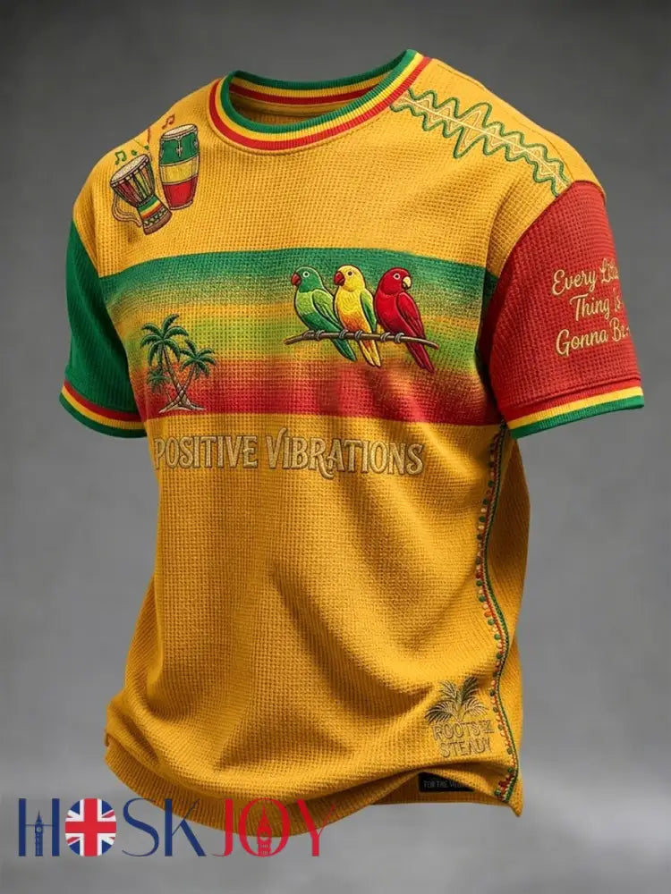 Retro Reggae Gradient Patchwork Casual Waffle-Weave T-Shirt - As picture / S