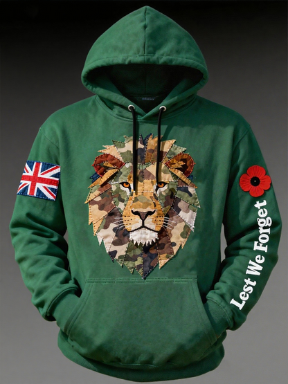 Men's British Lion Lest We Forget Oversized Drop-Shoulder Hoodie with Pockets