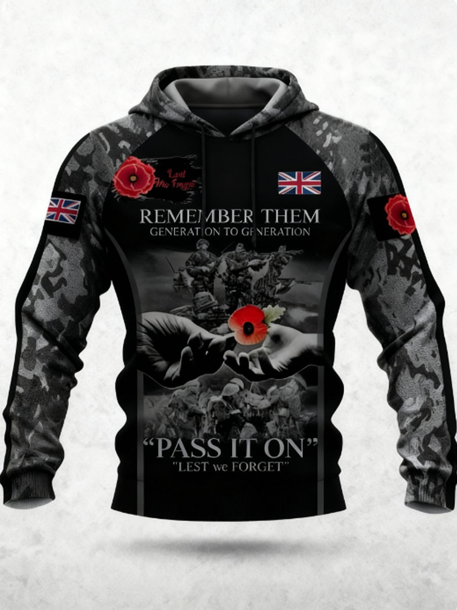 Men's 11th November Remembrance Day LEST WE'S FORGET Poppy Remembrance Hoodie